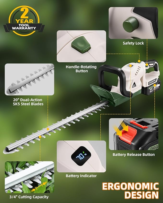 20" Hedge Trimmer Cordless,Electric Bush Trimmer with 2 Pack Rechargeable Batteries,Lightweight Hedge Trimmers,3000RPM 180°Rotatable Head,3/4" Blade Gap