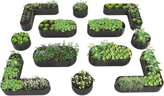 A ANLEOLIFE 12-Pack Galvanized Raised Garden Beds Outdoor, 18" Deep Modular Metal Planter Box Kit, Whole Backyard Farm Garden System with Oval Heart & Round Beds for Vegetable & Flowers, Quartz Grey