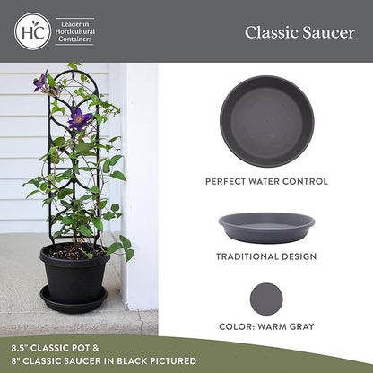 The HC Companies 8 Inch Classic Round Plant Saucer, Lightweight UV-Resistant Plastic Outdoor & Indoor Flower Pot Tray, 4-Pack Plant Pot Trays for Garden & Home Decor, Warm Gray