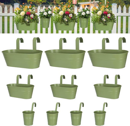 3 Different Size Metal Iron Hanging Flower Pots 10 Pcs for Outdoor Plants Metal Hanging Bucket Pots Iron Railing Fence Planter with Drainage Holes and Hooks for Porch Railing Balcony Fence (Green)