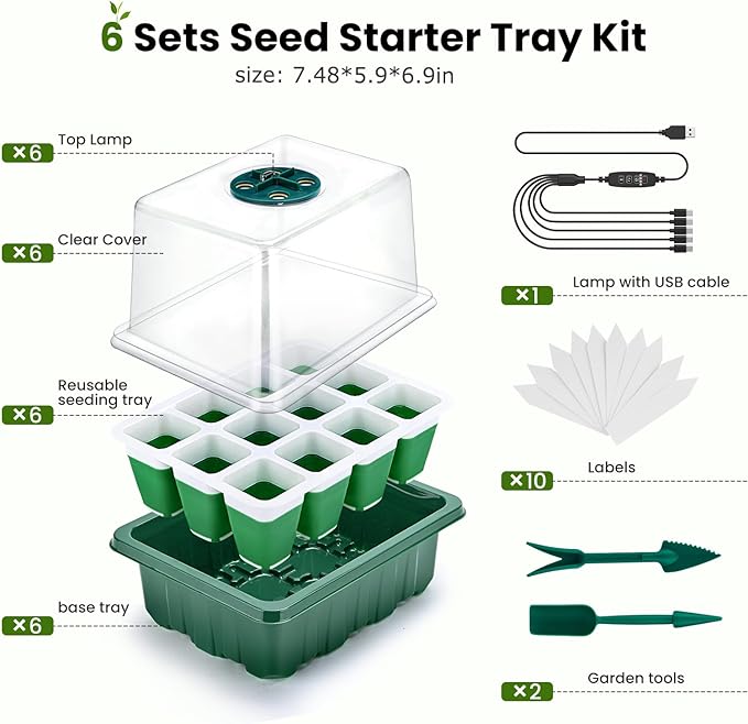 6 Packs Seed Starter Tray with Grow Lights, 72 Cells Silicone Seed Starter Kits with Humidity Dome, 3 Lights for Seed Starting, 4 Timing Set, 8 Full Spectrum Germination Kit for Plant Seeds