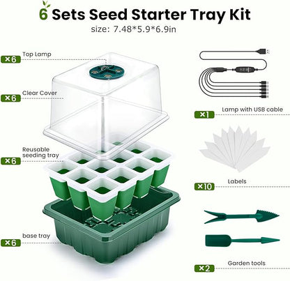 6 Packs Seed Starter Tray with Grow Lights, 72 Cells Silicone Seed Starter Kits with Humidity Dome, 3 Lights for Seed Starting, 4 Timing Set, 8 Full Spectrum Germination Kit for Plant Seeds