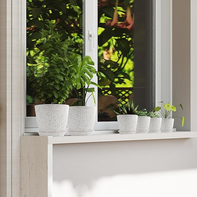 8/7/6 inch Plant Pots, 3 Pack Flower Pots for Outdoor Indoor Garden Plants, Large Planters with Multi Mesh Drainage Holes and Saucer (Speckled White, 8"+7"+6")