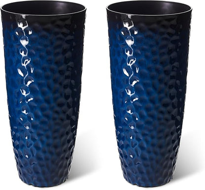 Glitzhome 31" H Oversized Tall Planter, Set of 2 Honeycomb Textured Gradient Cobalt Blue Round Garden Plant Pots with Drainage Holes, Large Flower Containers for Indoor Outdoor Front Door Patio