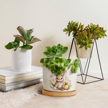 DreamAutumn Planters Ceramic Cute Easter Bunny Rabbit Ceramic Pots with Drainage Holes Round Flowerpot Bamboo Tray Plant Pots for Succuelnt and Little Snake Plants Pots for Nana Mommy Grandma