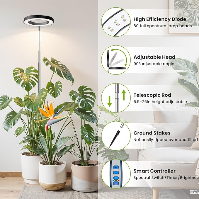 Black Grow Lights for Indoor Plants, Full Spectrum LED Plant Grow Light with 6/12/16H Timer, 3 Color Modes, 5 Brightness, 10"-65" Height Adjustable Growing Lamp for Indoor Plants (2 Pack)