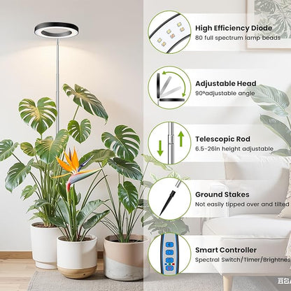 Black Grow Light, Full Spectrum LED Plant Lighs for Indoor Growing with 6/12/16H Timer, 3 Color Modes, 5 Brightness, 10"-60" Height Adjustable Grow Lamp for Tall Indoor Plants (3 Pack)