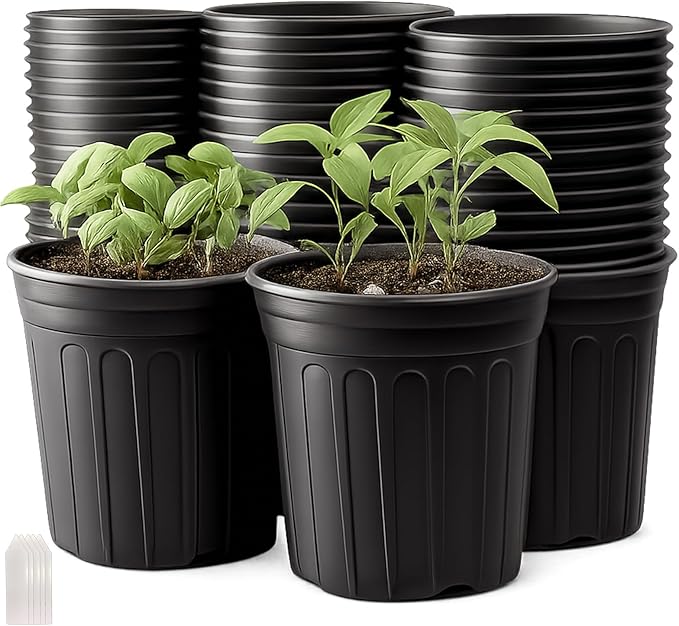 50 Pack 1 Gallon Flexible Plant Nursery Pots Plastic Seedling Starting Pots with Drainage Holes Soft Flower Pots Plant Container with Plant Labels, Black