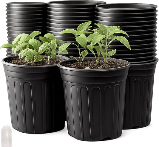 50 Pack 1 Gallon Flexible Plant Nursery Pots Plastic Seedling Starting Pots with Drainage Holes Soft Flower Pots Plant Container with Plant Labels, Black