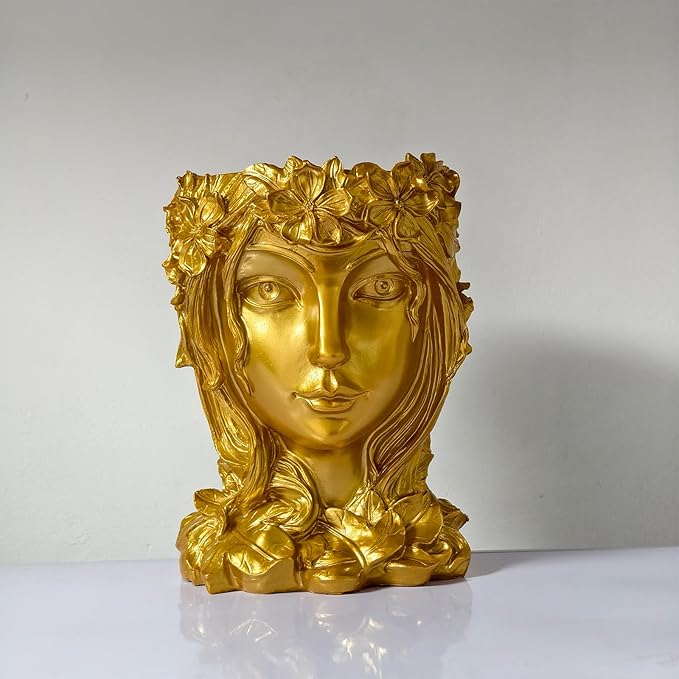 Face Flower Pot Head Planter with Drainage Hole - Cute Resin Goddess Face Planter for Indoor & Outdoor Use (Goddess Golden, Large)