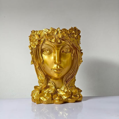 Face Flower Pot Head Planter with Drainage Hole - Cute Resin Goddess Face Planter for Indoor & Outdoor Use (Goddess Golden, Large)