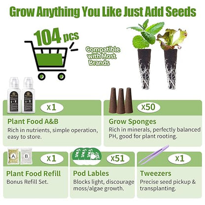 105 Pcs Grow Sponges and Hydroponics Plant Food Compatible with Aero Garden and All Brands - Seed Pods Lables and Indoor Plant Fertilizer for Indoor Garden Hydroponics Growing System
