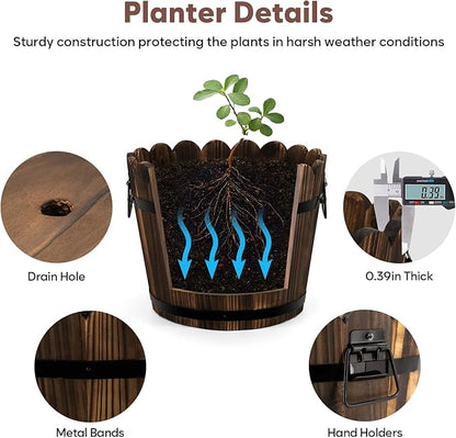 Wooden Barrel Planters Flower Pots for Indoor Outdoor Plants, 10+11.5 inch Rustic Patio Garden Front Porch Planters Plant Pots Outdoor Decor Set of 2