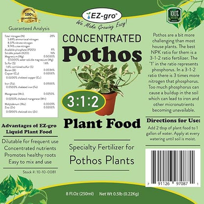 Professional Liquid Pothos Fertilizer by EZ-gro | 3:1:2 Ratio of Concentrate Indoor Plant Fertilizer for Your Pothos Live Plant | 8 oz