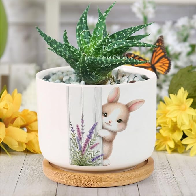 DreamAutumn Easter Bunny Peeking Ceramic Pots for Plants with Drainage Holes Round Flower Pot Bamboo Tray Orchid Pot Succulents Pots for Outdoor Indoor Plants