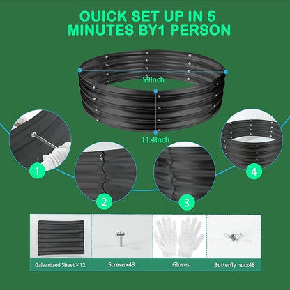 Durable Round Galvanized Steel Raised Garden Bed for Planting,Round Galvanized Steel Fire Ring/Fir Pit for Outdoor- 5×5×1FT,0.8MM Thick(Black, 60 ins Diameter x 12 ins high)