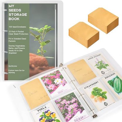 Seed Packet Organizer Kit - 100Pcs Seed Storage Envelopes, 1 Binder with 25 Pack Clear Sheet Protectors (4 Pockets Each, Slot Size 3.9" x 5.2"), Fit for Standard Seed Packets - Green