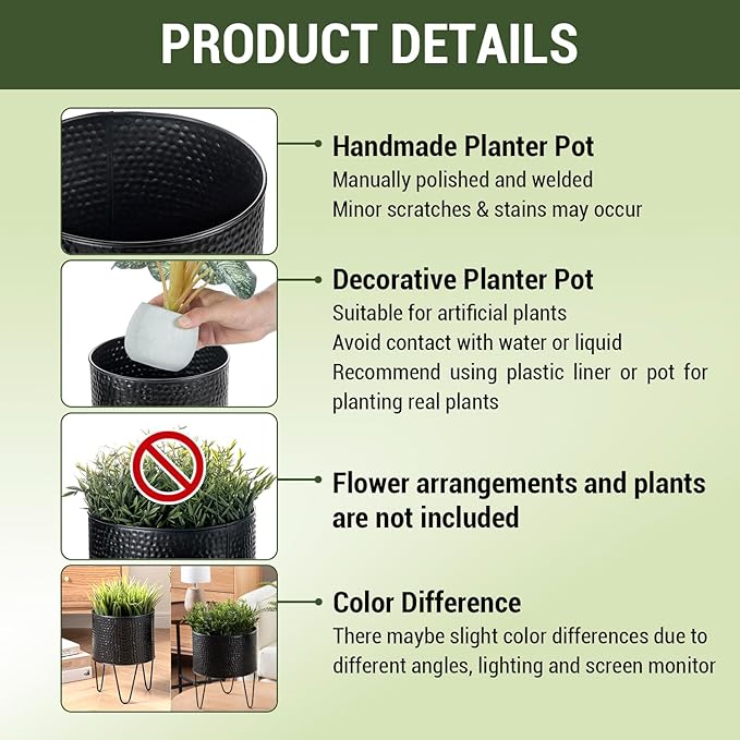 MyGift 8 and 10 Inch Modern Matte Black Metal Planter Pots with Pebbled Texture, Hammered Plant Containers with Matte Black Wire Stands, 2 Piece Set - Handcrafted in India