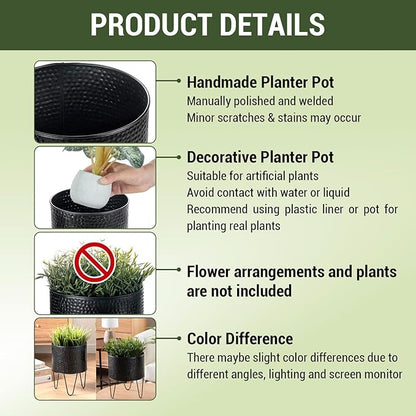 MyGift 8 and 10 Inch Modern Matte Black Metal Planter Pots with Pebbled Texture, Hammered Plant Containers with Matte Black Wire Stands, 2 Piece Set - Handcrafted in India