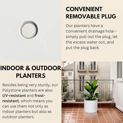 Fox & Fern Large 12 Inch Plant Pot with Drainage Plug — Premium Polystone Matte White Planter; Large Indoor & Outdoor Planter; 12 Inch Pots for Plants; Weather Resistant & UV Resistant