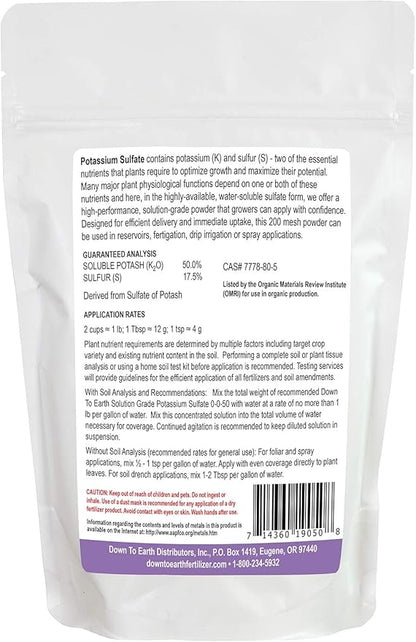 Down To Earth All Natural Fertilizers Organic Solution Grade Potassium Sulfate - Professional Grade SOP Powder 200 mesh for Liquid or Spray Applications 0-0-50, 1 lb