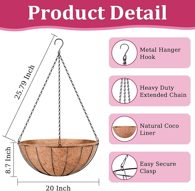 Halatool 20 Inch Large Hanging Planters for Outdoor Plants, 2 Pack Metal Outdoor Hanging Baskets with Coco Liner, Round Hanging Flower Pot for Plants Flowers Garden Decorations