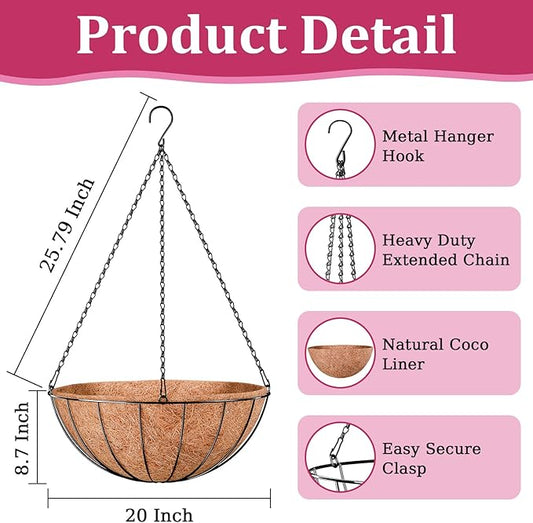 Halatool 20 Inch Large Hanging Planters for Outdoor Plants, 2 Pack Metal Outdoor Hanging Baskets with Coco Liner, Round Hanging Flower Pot for Plants Flowers Garden Decorations