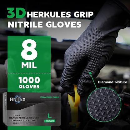 FINITEX Industrial Diamond Texture Nitrile Black Glove - 100/1000PCS Chemical Resistant 8mil Mechanic Disposable Gloves