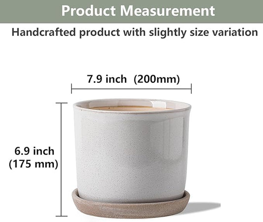 8 Inch Plant Pot: Ceramic Planter with Drainage Hole & Saucer for Indoor Outdoor Plants - Flowerpot with Bonded Tray for Home Office - Retro Style, Grey
