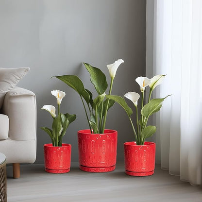 Ceramic Plant Pots, 8 Inch Plant Pots Indoor Outdoor, Round Flower Pot with Drainage Hole and Sacuer, Boho Pot for Plants, Decorative Planter, Home Room Bathroom Decor, Garden Gifts, Red