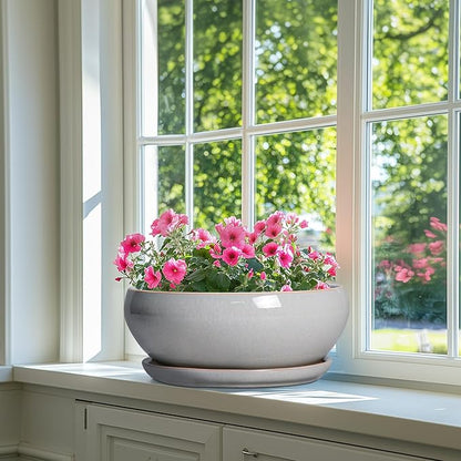 SQOWL 12 Inch Bonsai Pots - Large Ceramic Succulent Pots with Drainage Hole and Saucer, Shallow Planter for Indoor Outdoor Plants Flowers, Round Planter Bowl, Garden Decor, Gifts for Women, Gray