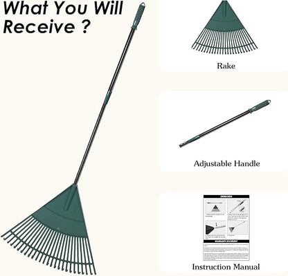 ORIENTOOLS Garden Leaf Rake, Garden Rakes for Lawns Leaves with 47-65" Adjustable Black Handle Rake, 26 Strong Tines Plastic Head Shrub Rake, Yard Garden Rake for Lawns, Flower Beds Leaves Cleaning