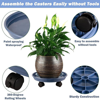 8 Packs Plastic Plant Caddy with Wheels 12" Plastic Rolling Plant Stands Heavy-Duty Plant Dolly with Casters Indoor and Outdoor Plant Roller Base Wheels, Blue