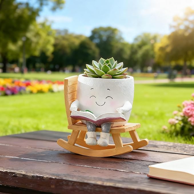 Adorable Smiley Face Reading Flower Pot, Unique Rocking Chair-Style Resin Plant Pot with Drainage Holes, Suitable for Indoor/Outdoor Planting and Home Decor (B)