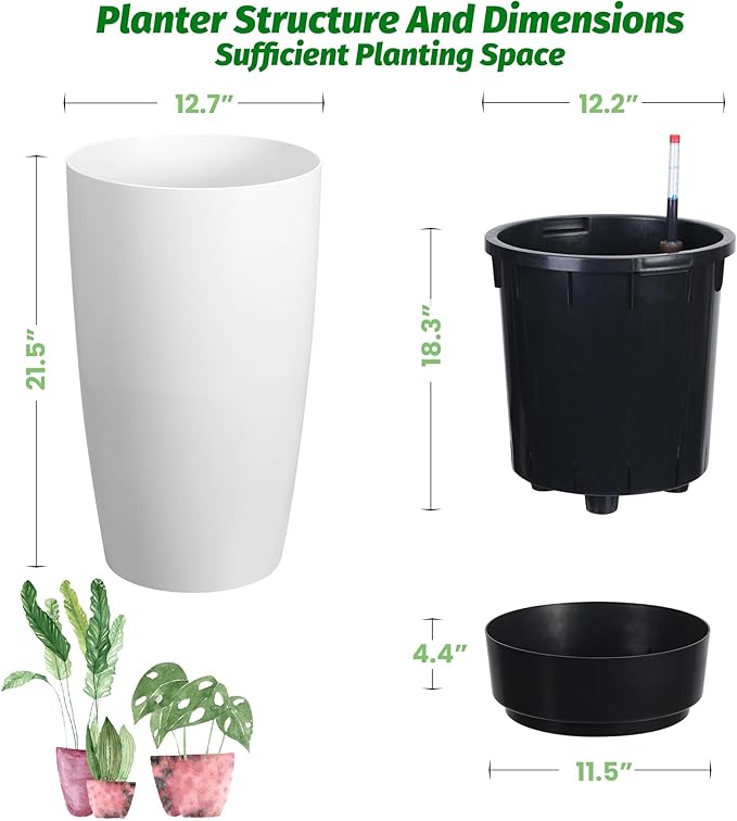 GarveeLife Set of 2 Tall Planters for Outdoor Plants, 22 in Large Planters for Outdoor Indoor Plants with Water Level Monitor ＆ Inner Bucket, Automatic Watering, for Porch, Patio, Backyard, White