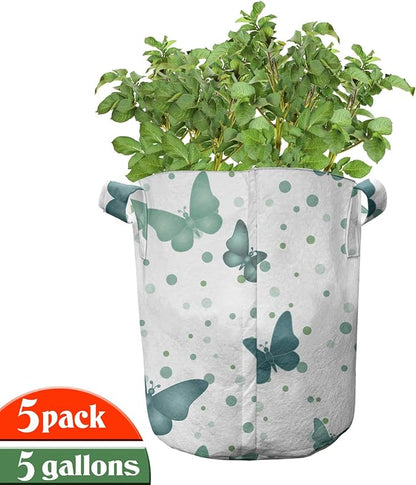 Lunarable Butterflies Grow Bags 5-Pack, Moth Insects on Rounds, Heavyduty Fabric Pots with Handles for Plants, White Teal