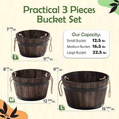 Set of 3 Wooden Flower Boxes Outdoor, Durable Acacia Wood Barrel Planters for Outdoor Plants with Ergonomic Handles, Drainage Holes, Multiple Sizes Wood Bucket Planter for Home Décor