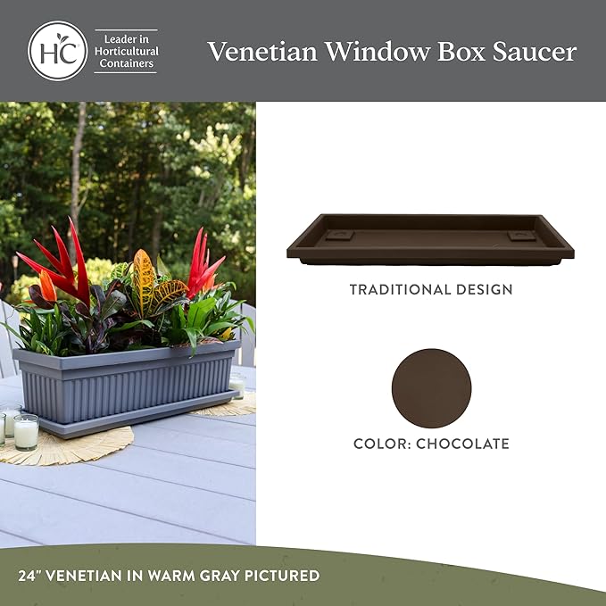 The HC Companies 23.5 Inch Venetian Rectangular Plant Saucer, Lightweight UV-Resistant Plastic Outdoor & Indoor Flower Pot Tray, 2-Pack Plant Pot Trays for Garden & Home Decor, Chocolate