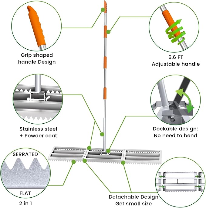 Lawn Leveling Rake, 2-in-1 Double Side can Switch, with 20pc Marking Flags to Mark Low Spot, Stainless + Powder-Coat, FLAT Level Soil/Dirt/Compost on Lawn, SERRATED Rake Dead Grass/Ruts/Gravel on Yard