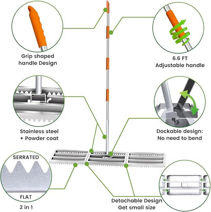 Lawn Leveling Rake, 2-in-1 Double Side can Switch, with 20pc Marking Flags to Mark Low Spot, Stainless + Powder-Coat, FLAT Level Soil/Dirt/Compost on Lawn, SERRATED Rake Dead Grass/Ruts/Gravel on Yard