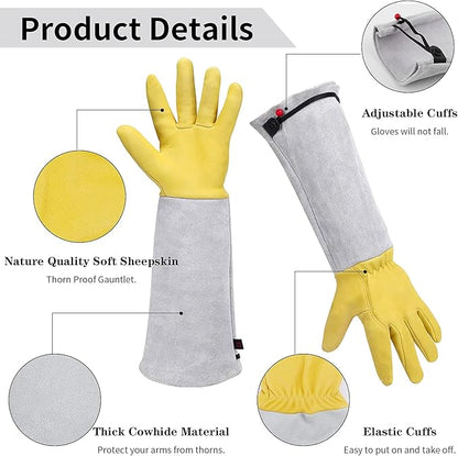 Gardening Gloves for Women/Men, Rose Pruning Thorn-Proof Gloves, with Adjustable Cuff and Durable Goatskin Leather, Comfy Breathable Long Sleeve Work Garden Gauntlet Glove for Yard Work(L)