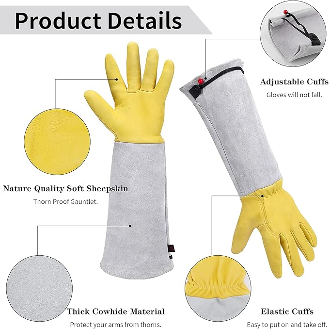 Gardening Gloves for Women/Men, Rose Pruning Thorn-Proof Long Leather Garden Gloves with Adjustable Cuff, Ladies Light Protective Glove for Yard & Outdoor Work