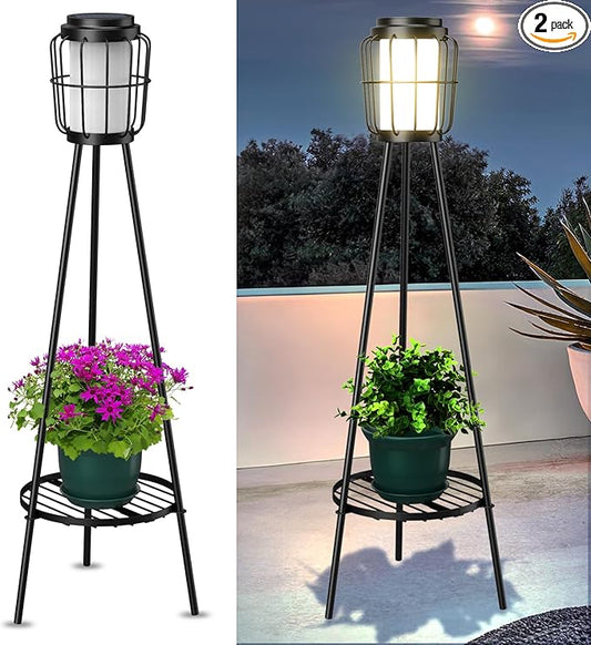 MXwcy 2 Pack Solar Lights Outdoor with Plant Stands - Solar Floor Lamp & Street Lights with Metal Tripod - Patio Decor for Garden, Yard, Pathway, Driveway, Porch
