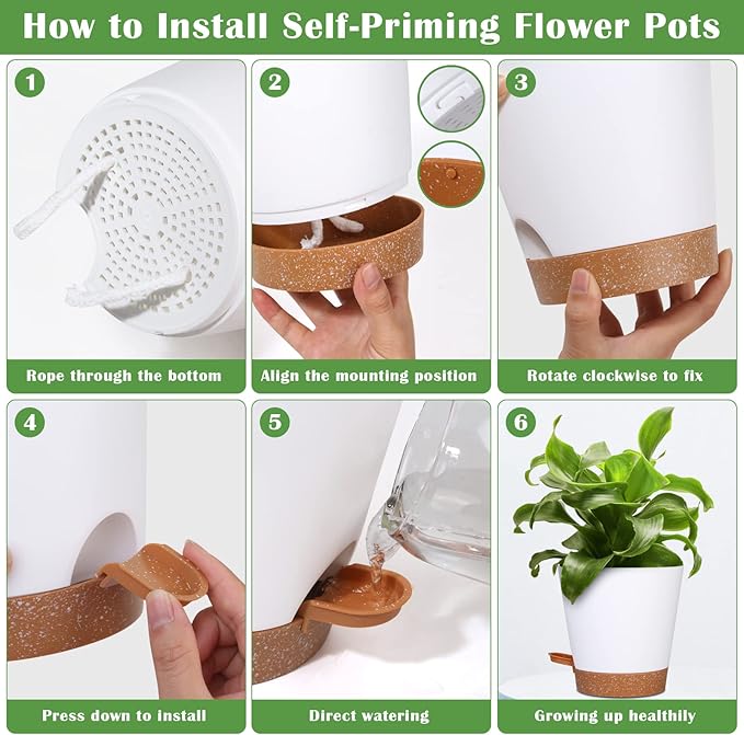 5 Pack Self Watering Plant Pots, 6 inch Plastic Plant Pots Set Bottom Watering Planters With Absorbent Rope & Saucer, Self Watering for Indoor Plants Minimalist Decor Outdoor Garden Flower. (White)