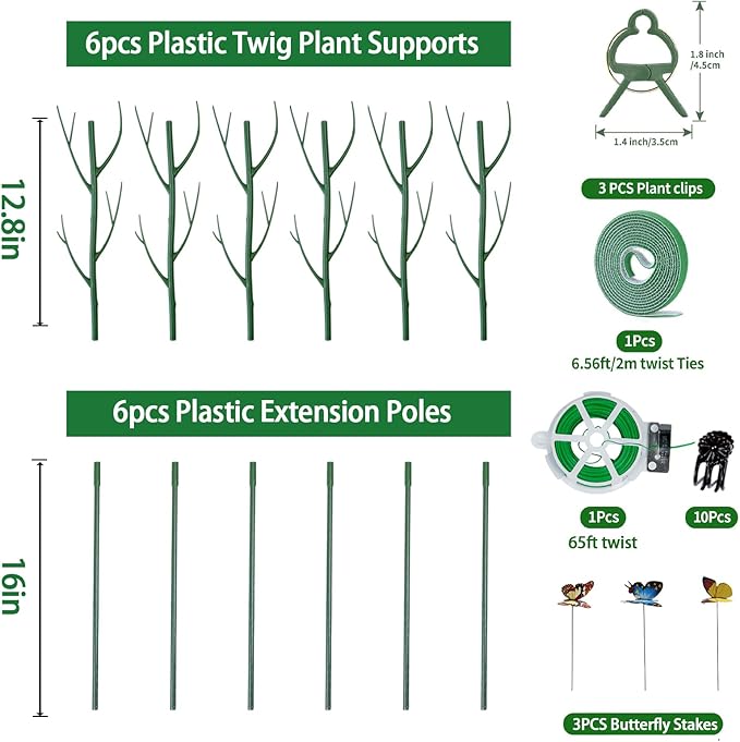 6 Pack Plant Support Plant Stakes for Indoor and Outdoor Plants, 28.8” Plant Sticks with Plant Clips Twist Tiers and Plant Tiers for House Potted Plants, Monstera Plant Support for Climbing Plants