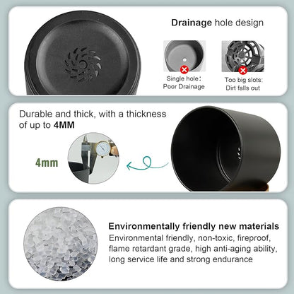 3 Pack 6/5/4 inch Cylindrical Flower Pots, Modern Small Round Plastic Plant Pots with Drainage Holes & Saucers, Clean and Refined Planter Pots for Outdoor, Indoor & Office Decor (Black Brown)