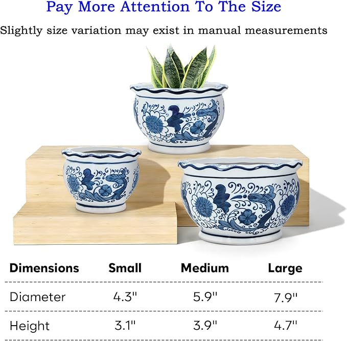 Blue and White Planters, Succulent Pots Ceramic Plant Pots Indoor with Drainage for Home Décor - Set of 3