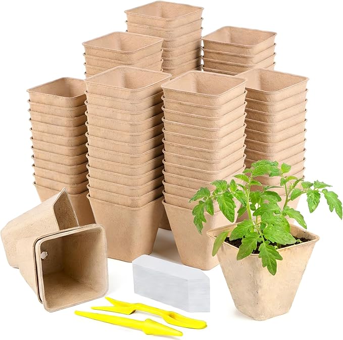 70-Pack 3.15 inch Square Peat Pots for Seedlings with 100 Labels, Biodegradable Nursery Pots with Drainage Holes for Plants
