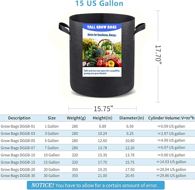 Taller Grow Bags for Deep Root Plants, 15 Gallon 4 Pack Thickened Nonwoven Fabric Pots with Short Handles, Washable Reusable Cloth Plant Bags for Vegetables, Pond Aquatic Plants
