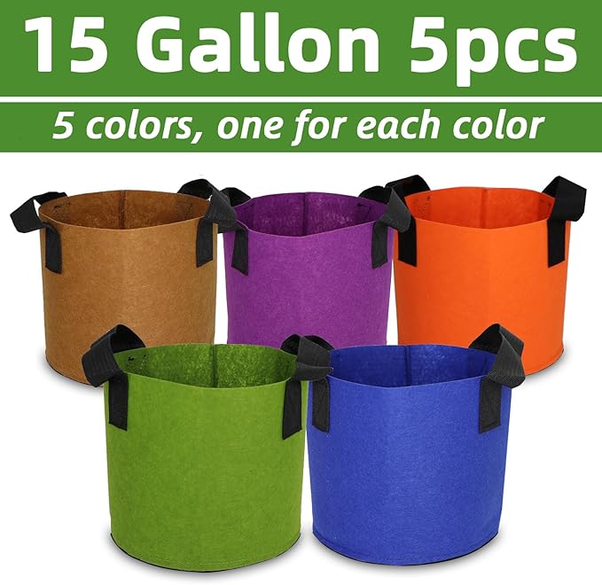Grow Bags,Growing Pot Bags Garden Grow Bag Indoor Outdoor Fabric Aeration Plant Pot Container Flower Vegetable Pouch (Mixed 5colors,15Gallon)